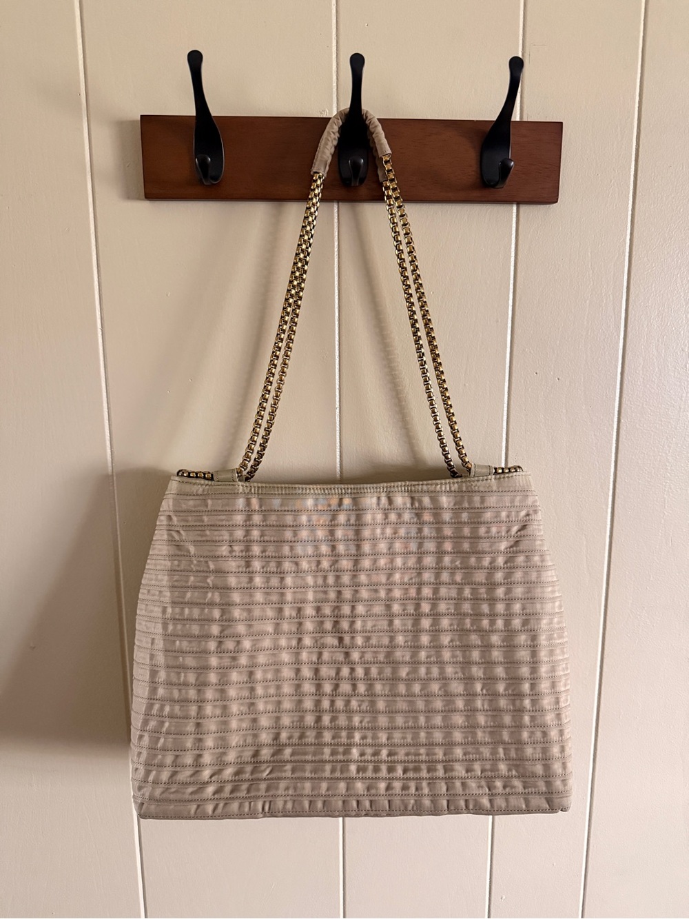 Eric Javits Beige Quilted Shoulder Bag with Gold Chain Straps